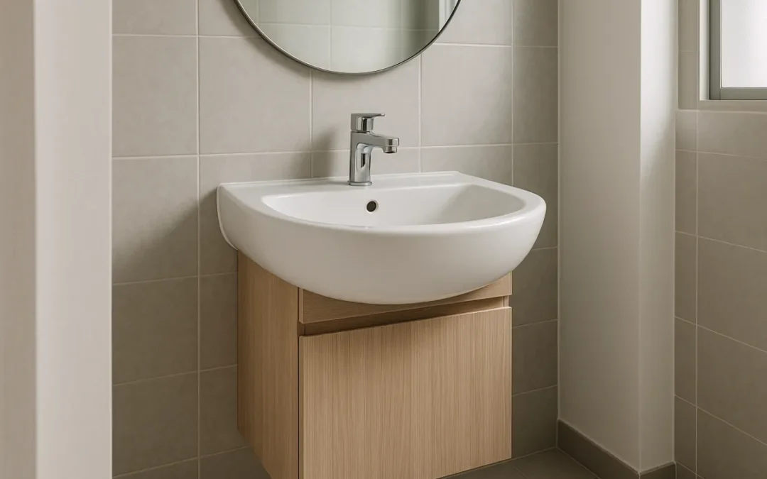 White semi-recessed basin set into a slim wooden vanity cabinet in a modern bathroom