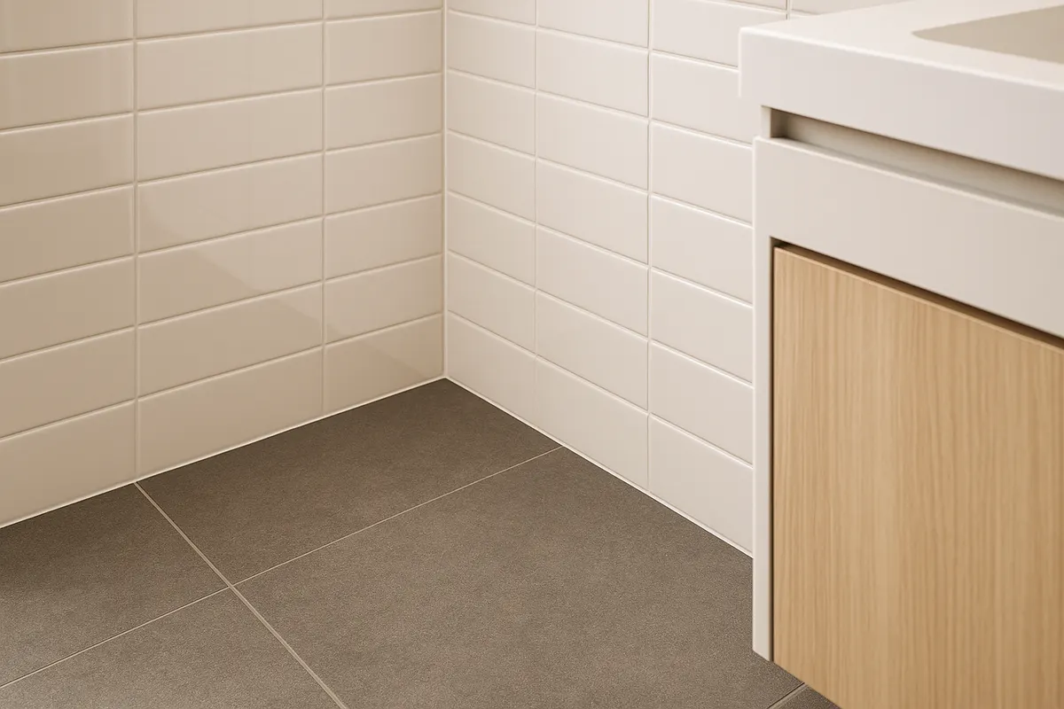 Bathroom with matte floor tiles and glossy wall tiles