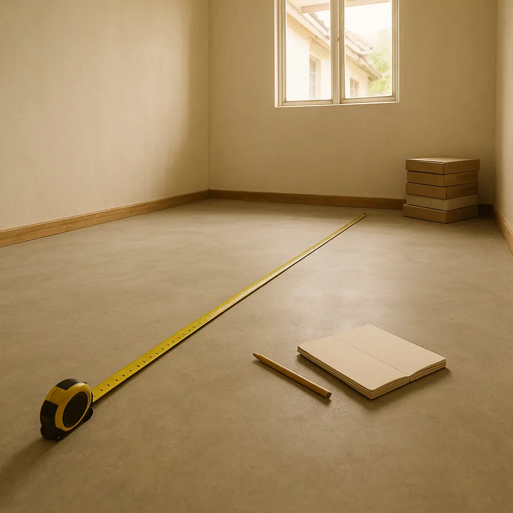 Measuring a floor with a tape measure before tiling