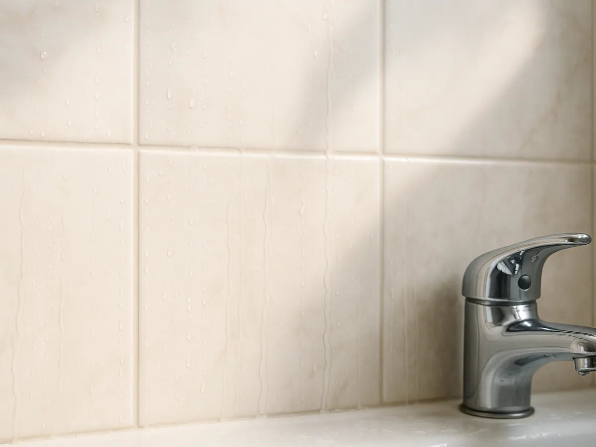 Glossy glazed ceramic bathroom wall tiles with water droplets