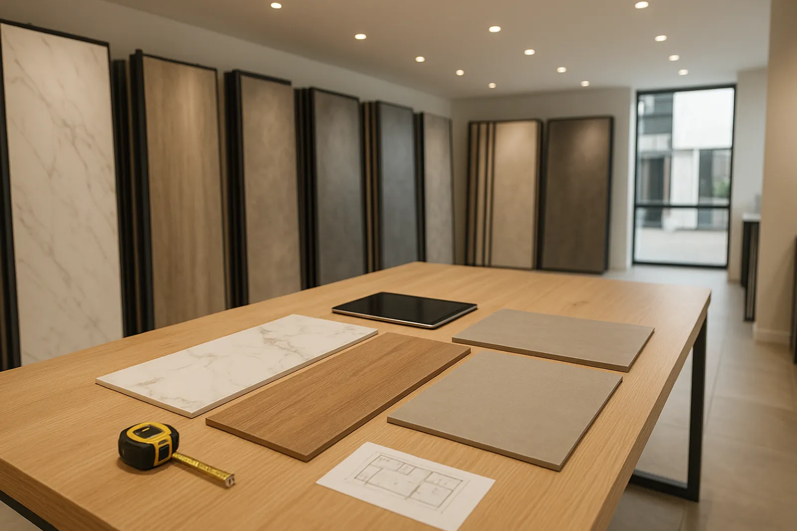 Tile samples, a tape measure and a floor plan on the consultation table at the Itoli Ceramic showroom