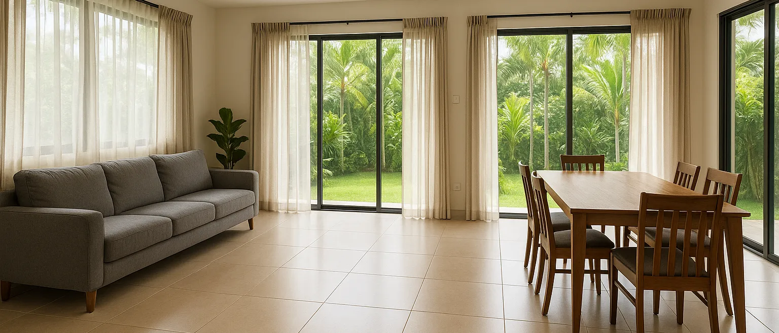 Open-plan living and dining room with beige 600 x 600 homogeneous floor tiles