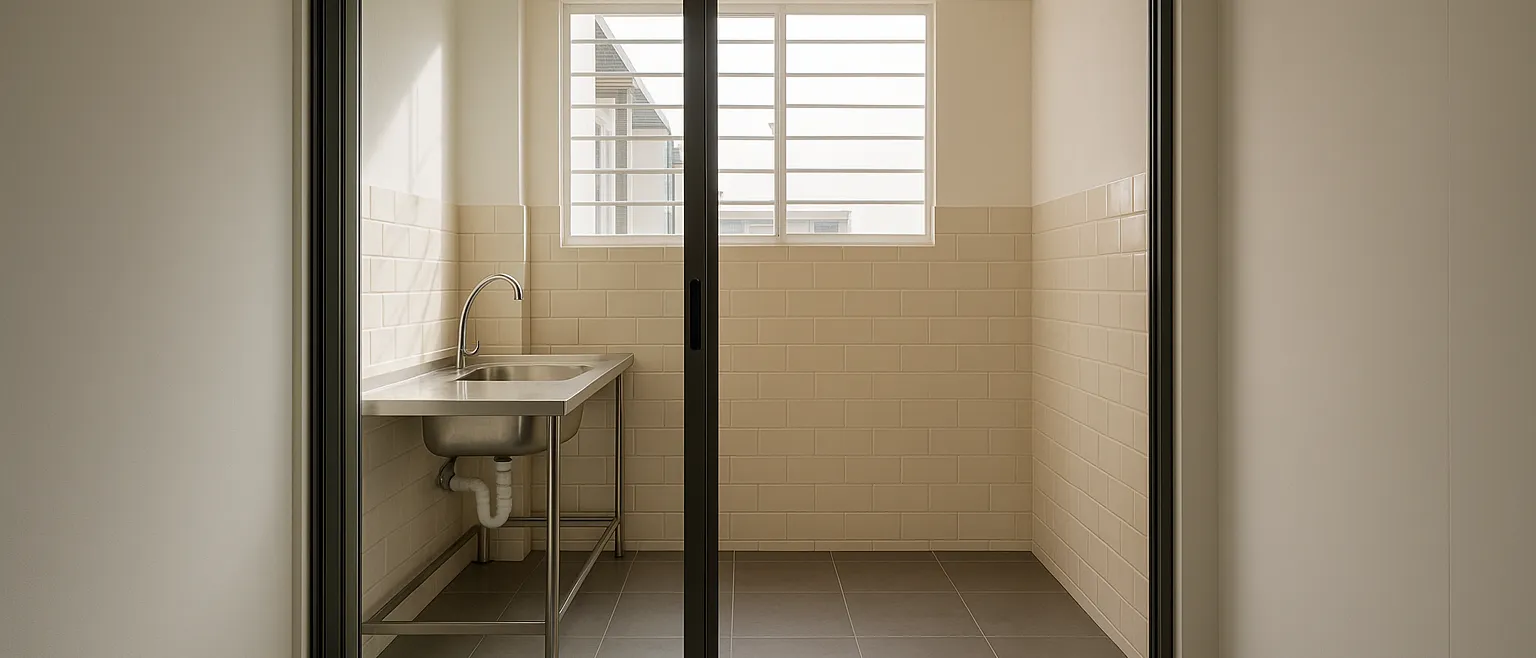 Wet kitchen with grey homogeneous floor tiles, beige subway backsplash tiles and a stainless steel sink