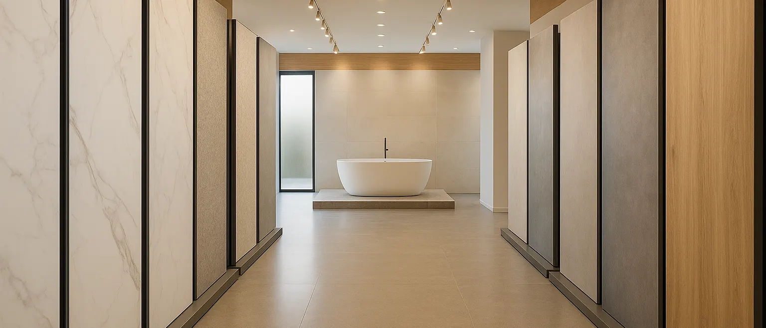 Large-format porcelain floor and wall tiles on display boards