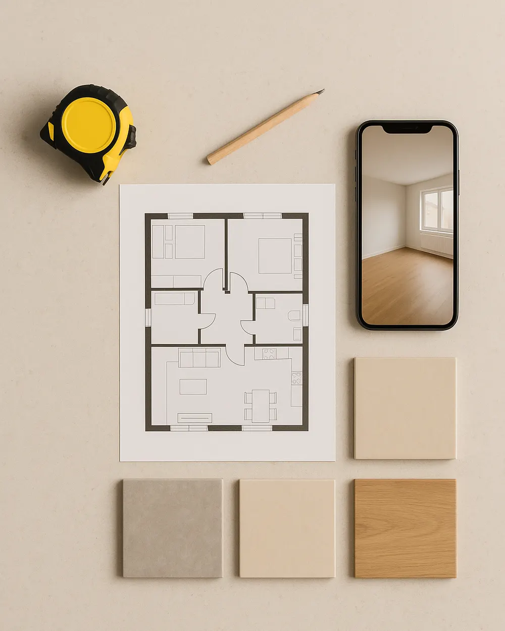 Floor plan, tape measure and tile samples ready for a showroom visit