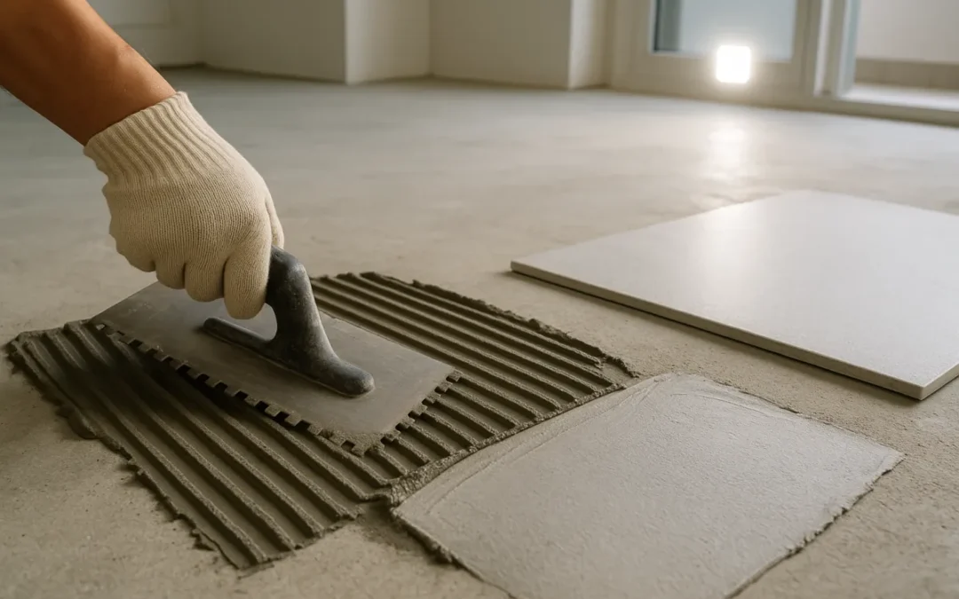 Tiler spreading grey tile adhesive with a notched trowel before laying a large porcelain floor tile