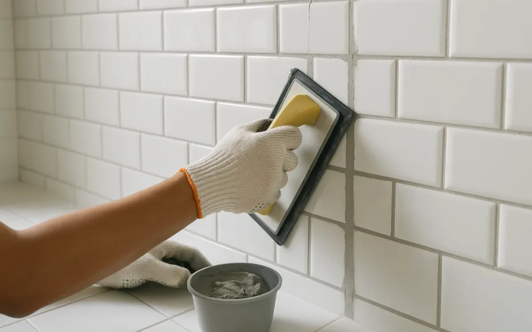 Tiler pressing grey grout into the joints of white wall tiles with a rubber float