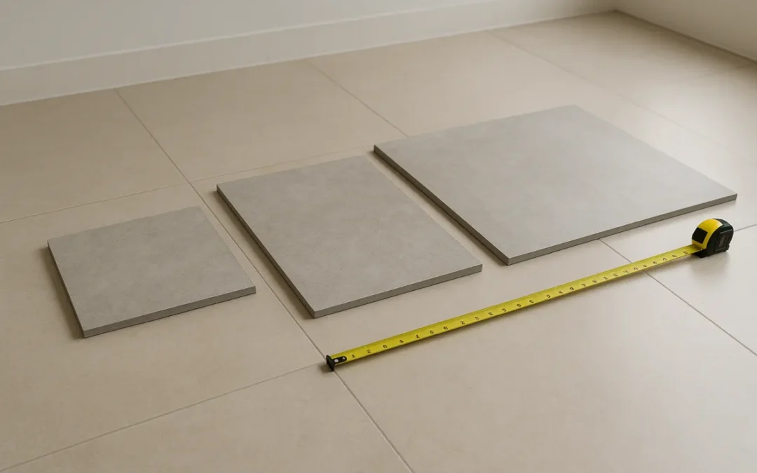 Porcelain tiles of three sizes laid side by side on a showroom floor with a tape measure