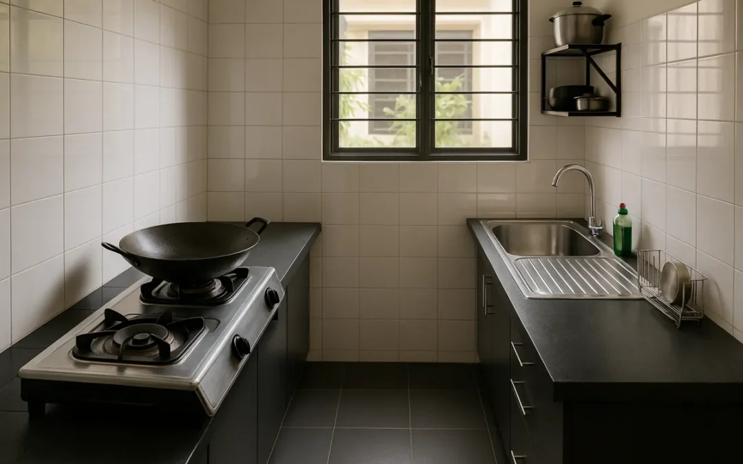 Malaysian wet kitchen with white wall tiles, dark matt floor tiles, a gas stove with a wok and a steel sink
