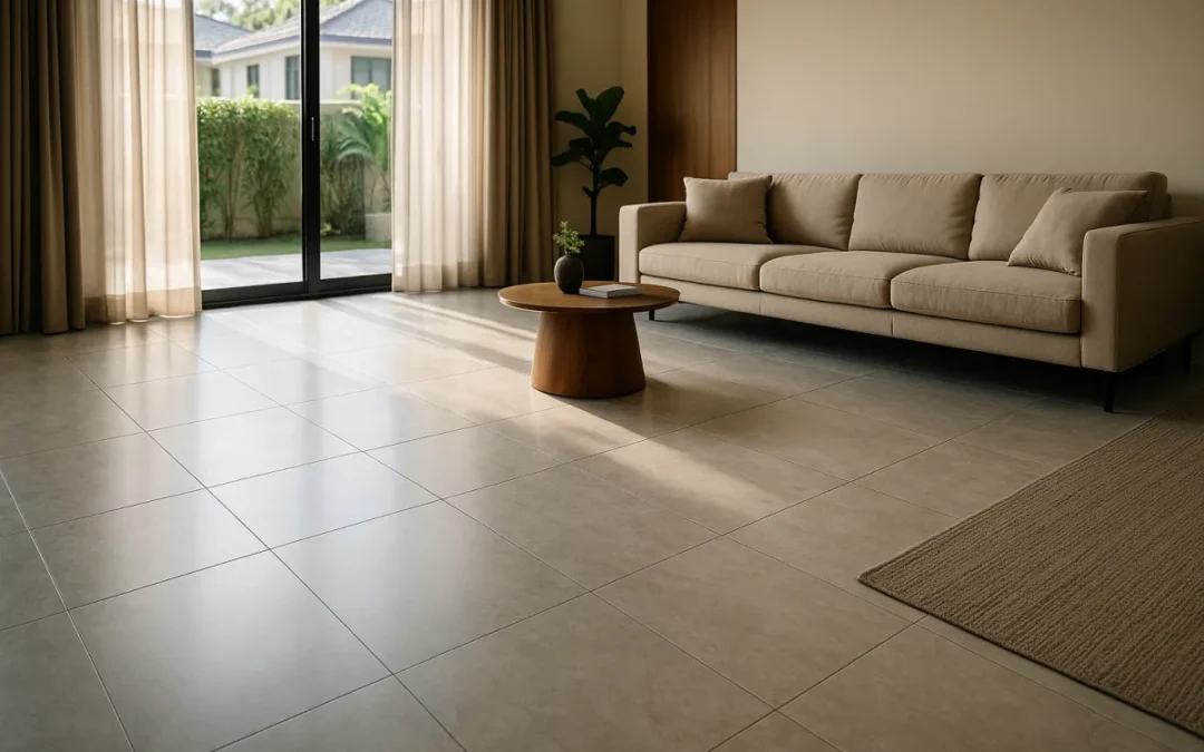 Bright Malaysian living room with a floor of large light beige porcelain tiles and a sofa